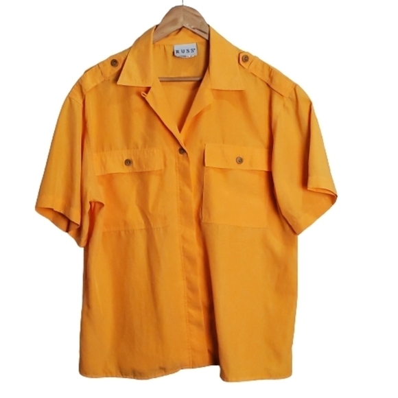 Vintage 80's Russ Bright Yellow Safari Button Down Short Sleeve Blouse Size 12 - Picture 1 of 8
